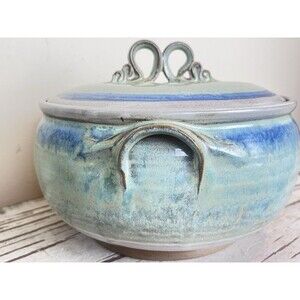 Vintage Handmade Artisan Pottery Tureen Casserole Dish W/Ornate Lid Signed